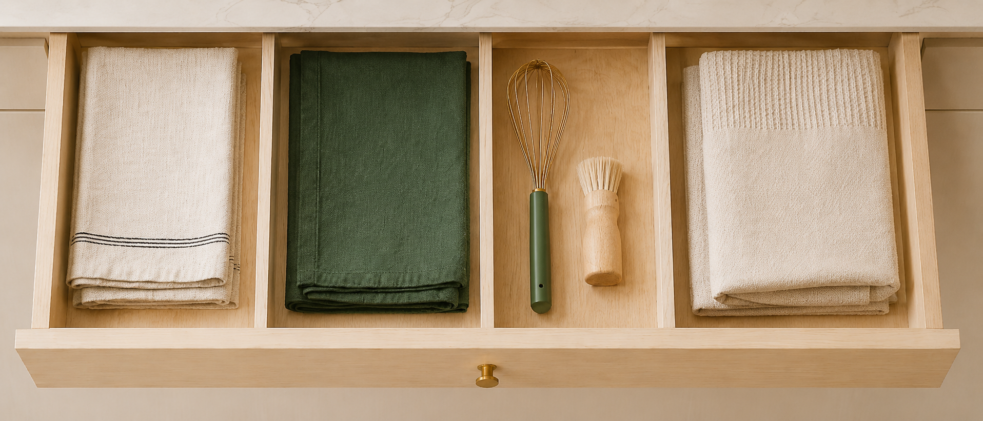 A divided drawer holding folded linens and kitchen tools, on a marble counter